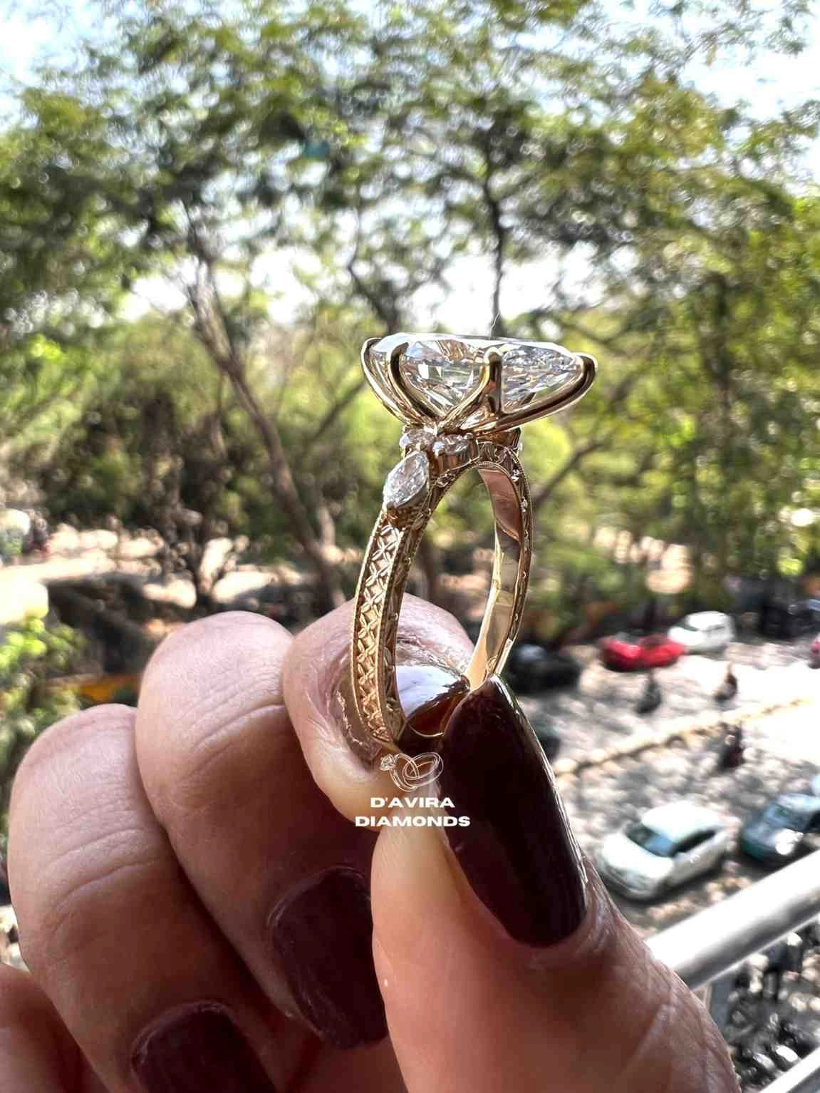 Lab Grown Marquise Diamond Ring for Women with Round Cut Side Stone Design Unique Jewelry