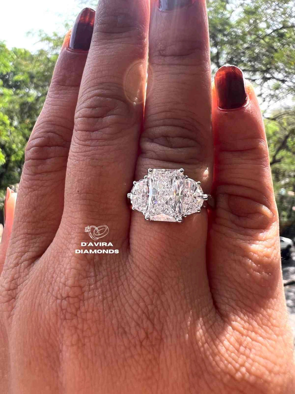 Radiant Lab Diamond Rings with Half Moon Side Stones Unique Engagement Ring in Solid Gold