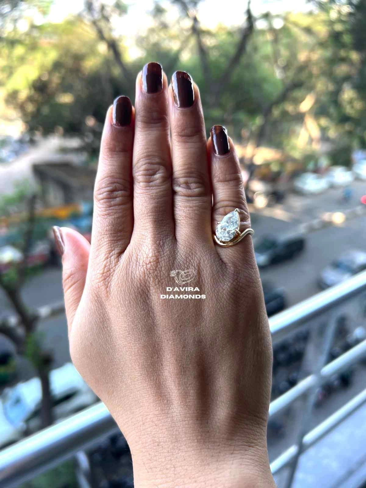 Pear Lab Grown Diamond Ring for Anniversary Gift with Bypass Setting in Solitaire Design