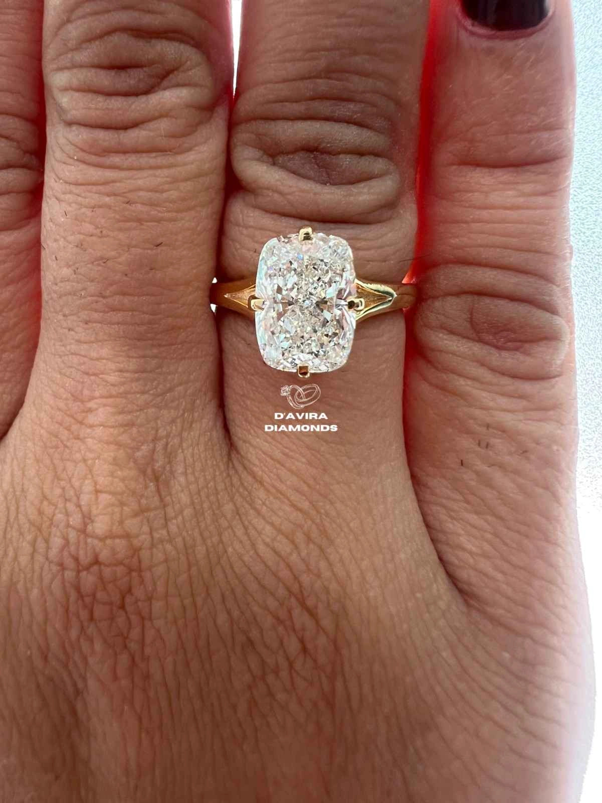 Elongated Cushion Cut Engagement Ring in Lab Grown Diamond with Split Shank Setting