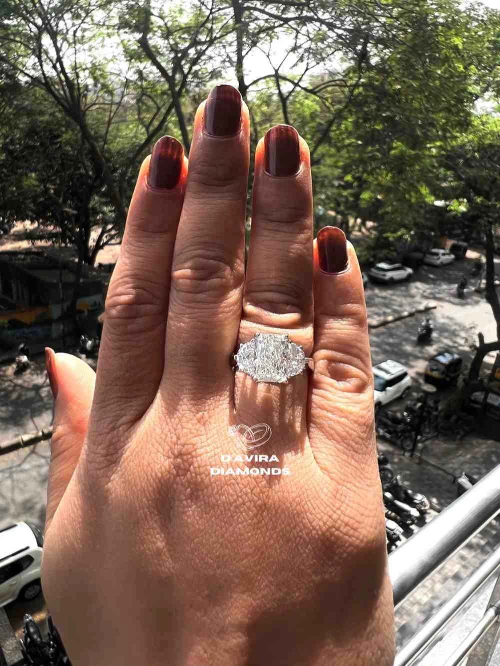 Radiant Lab Diamond Rings with Half Moon Side Stones Unique Engagement Ring in Solid Gold