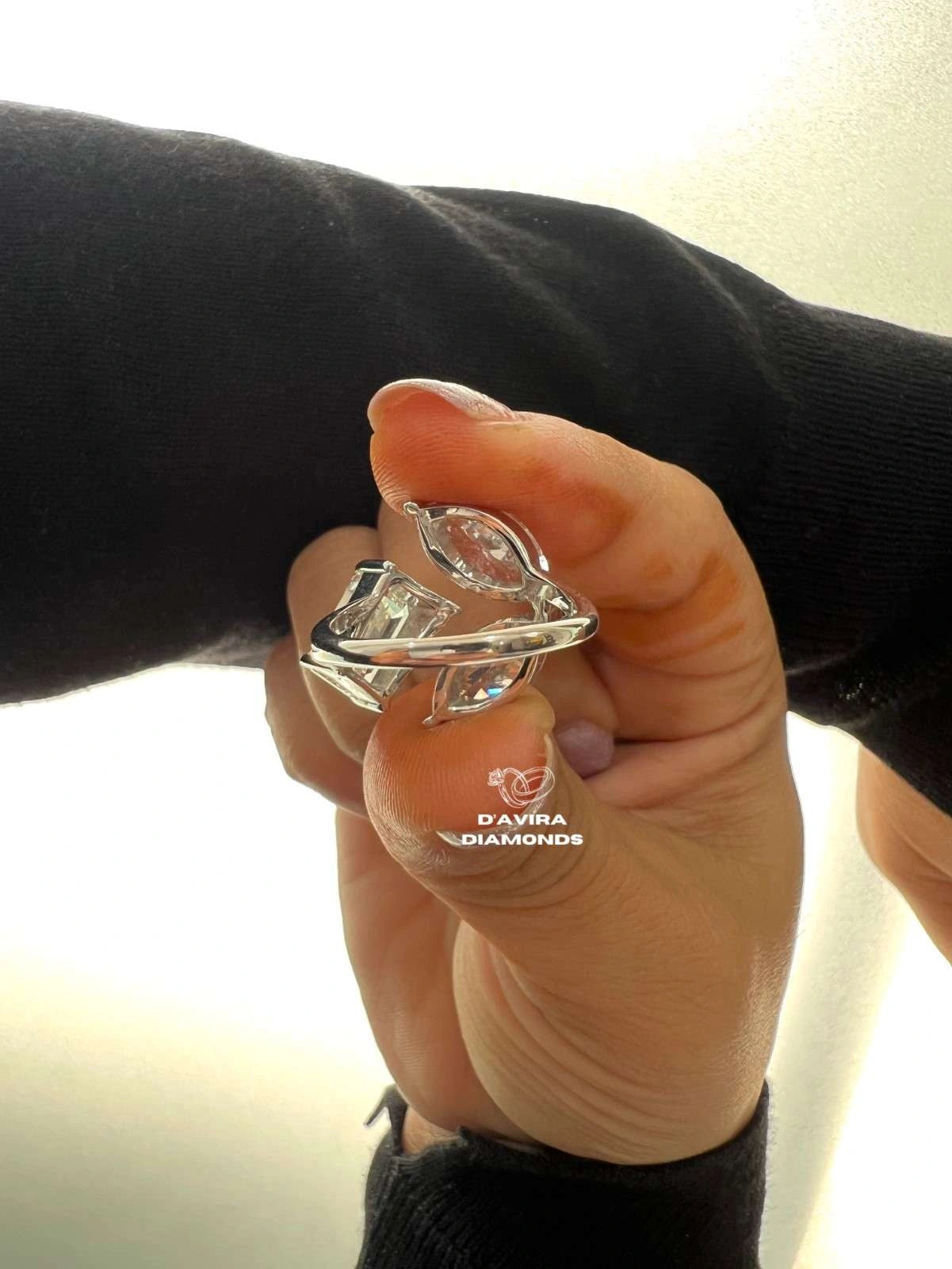 Unique Lab grown diamond Toi Et Moi Ring Marquise and Emerald Diamonds three Stones One Story