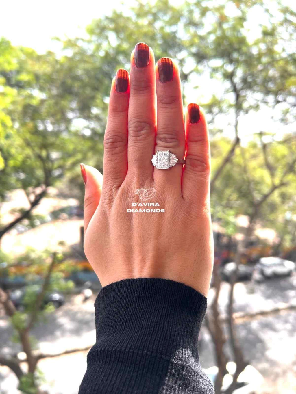 Radiant Lab Diamond Rings with Half Moon Side Stones Unique Engagement Ring in Solid Gold