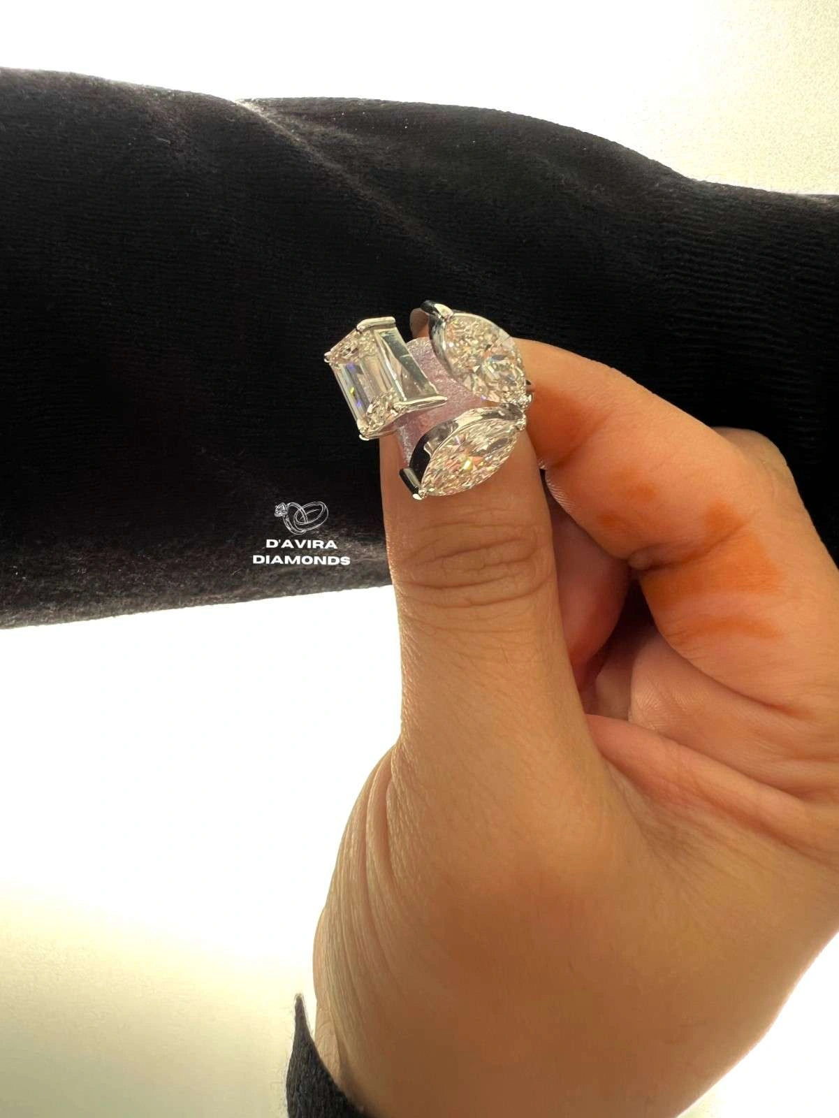 Unique Lab grown diamond Toi Et Moi Ring Marquise and Emerald Diamonds three Stones One Story