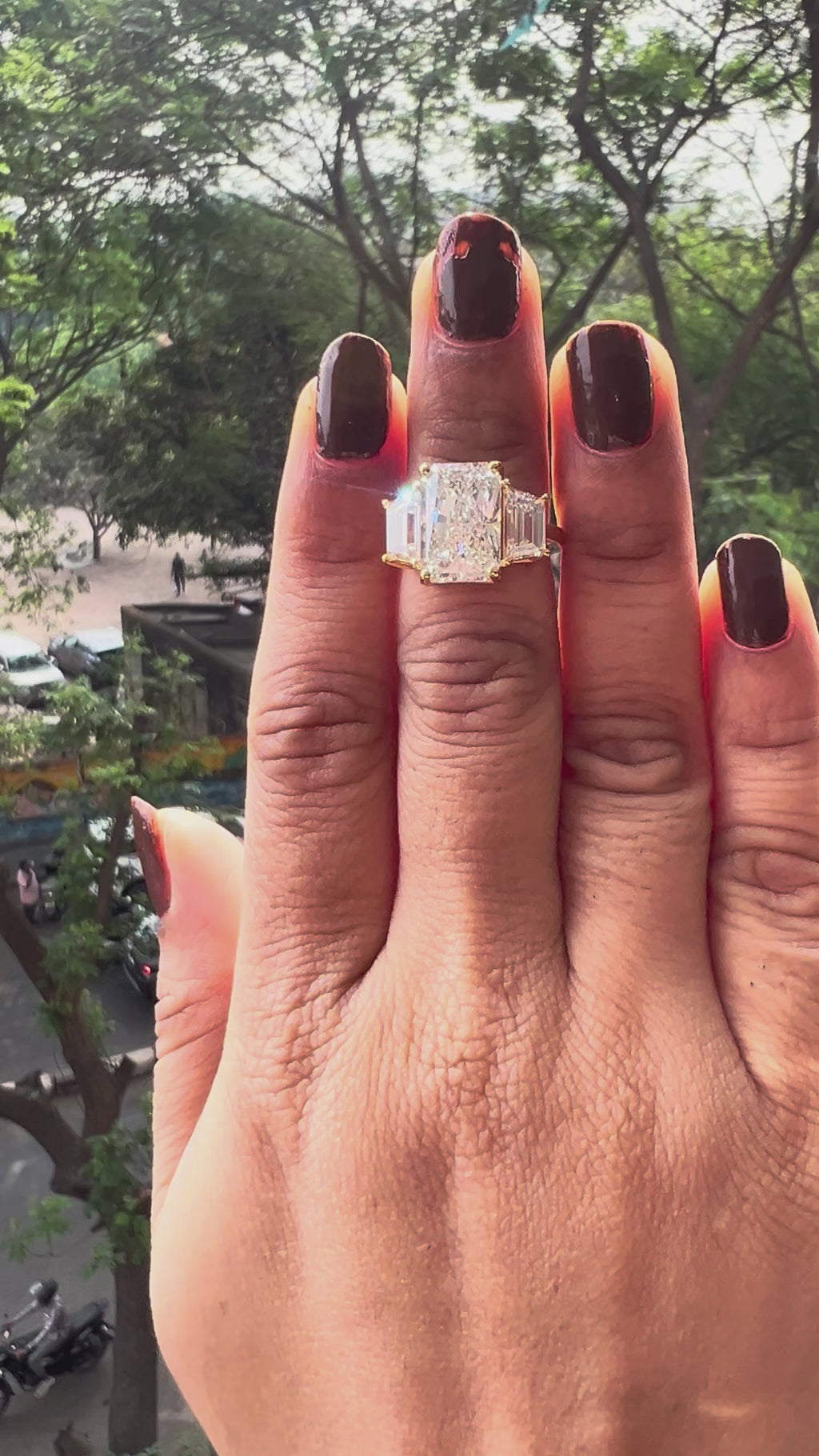 Radiant Cut Engagement Rings with Lab Grown Diamonds Trapeze Side Stones Three Stone Design