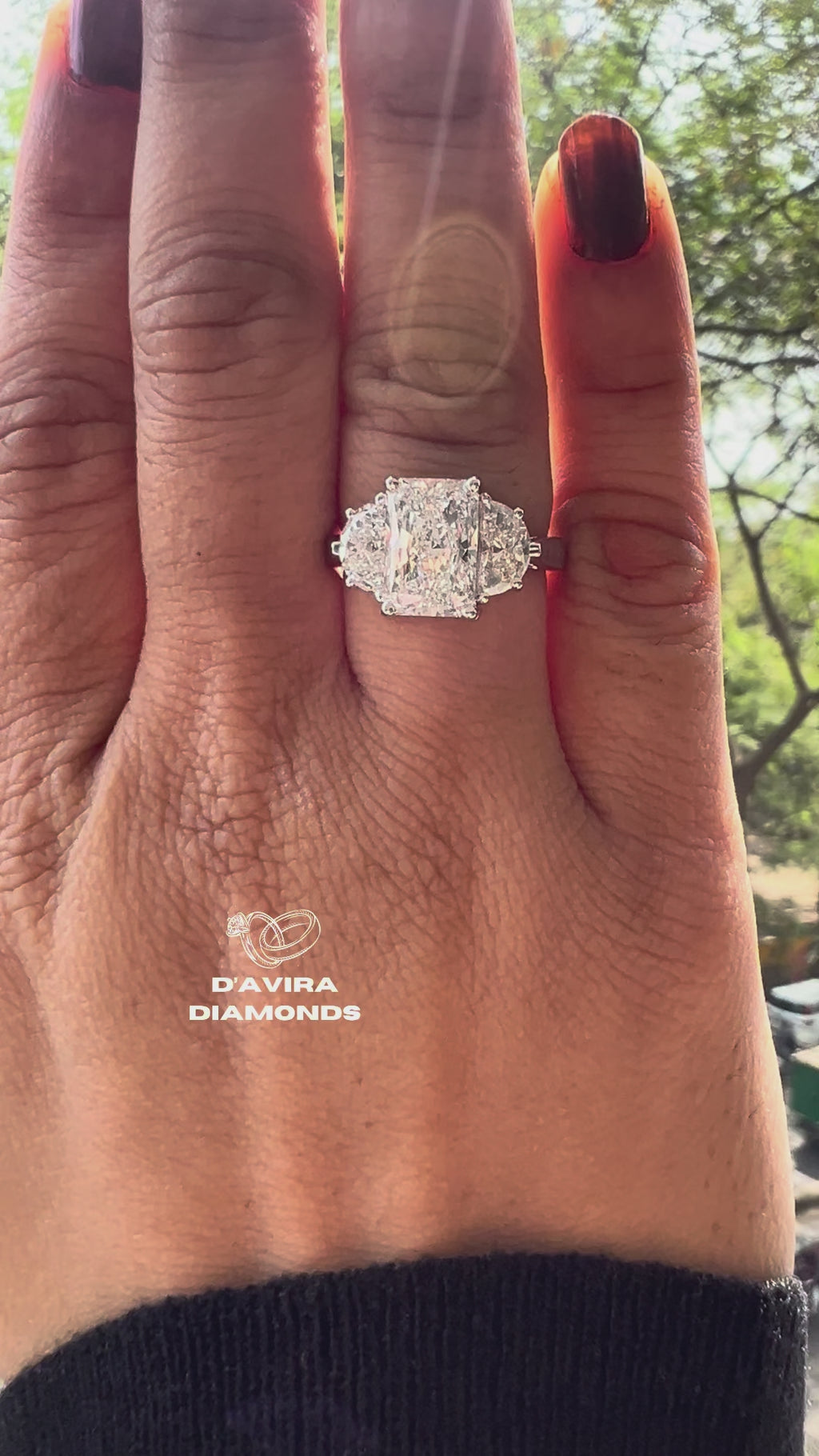 Radiant Lab Diamond Rings with Half Moon Side Stones Unique Engagement Ring in Solid Gold