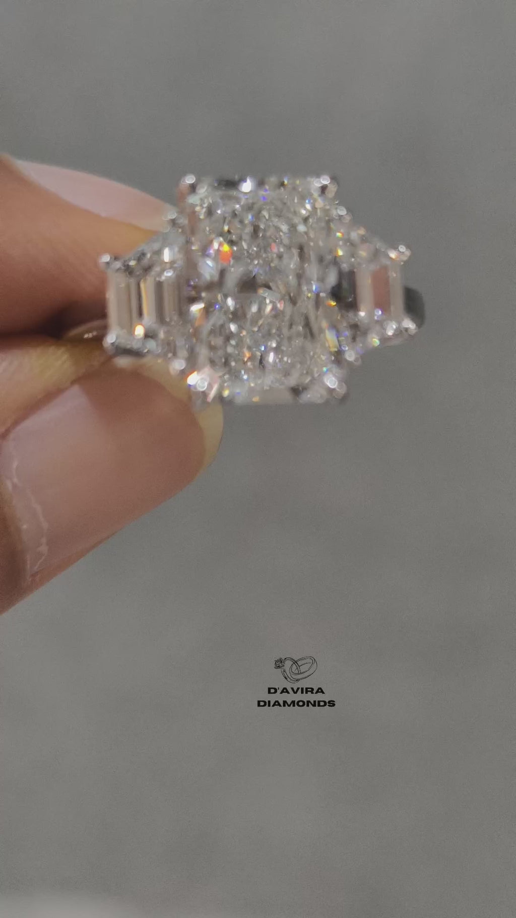 video of three stone radiant cut lab grown diamond ring