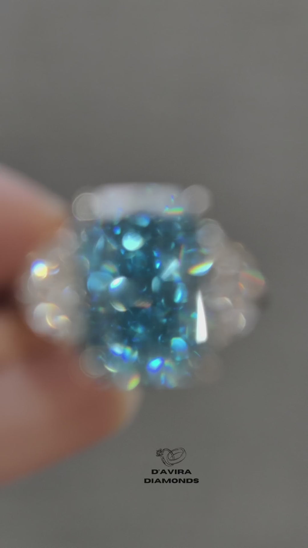 video of blue center stone radiant cut lab grown diamond ring
