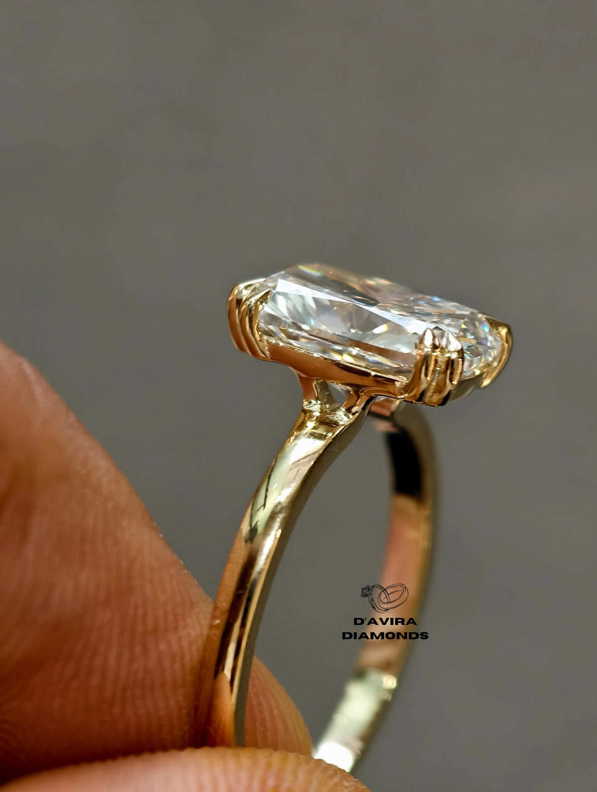 side view of the elongated cushion cut lab diamond wedding  ring