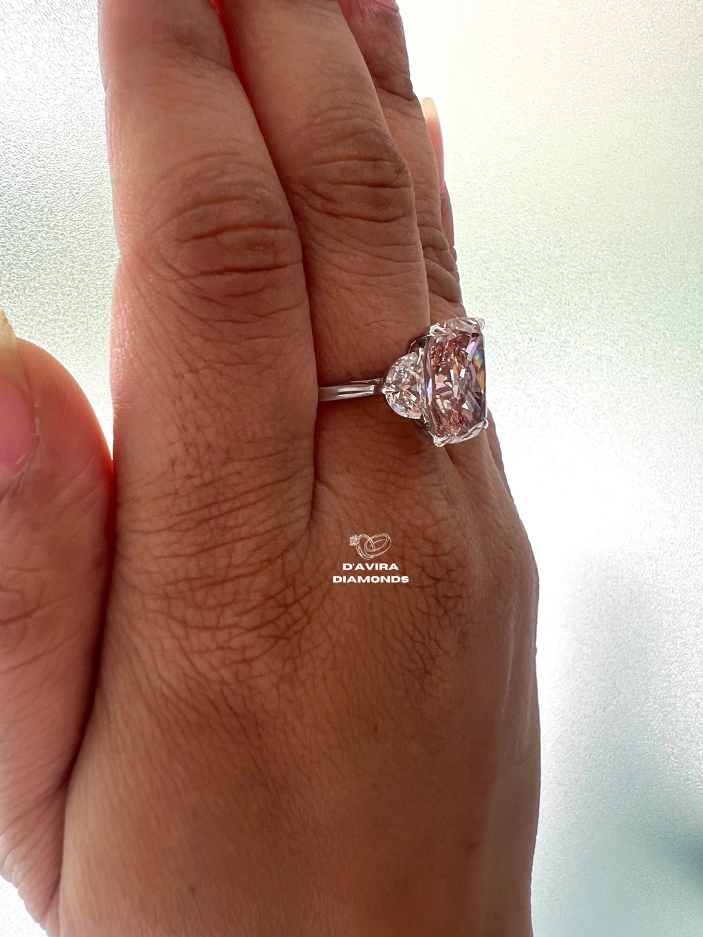 side view of the 3 stone elongated cushion cut lab grown diamond ring