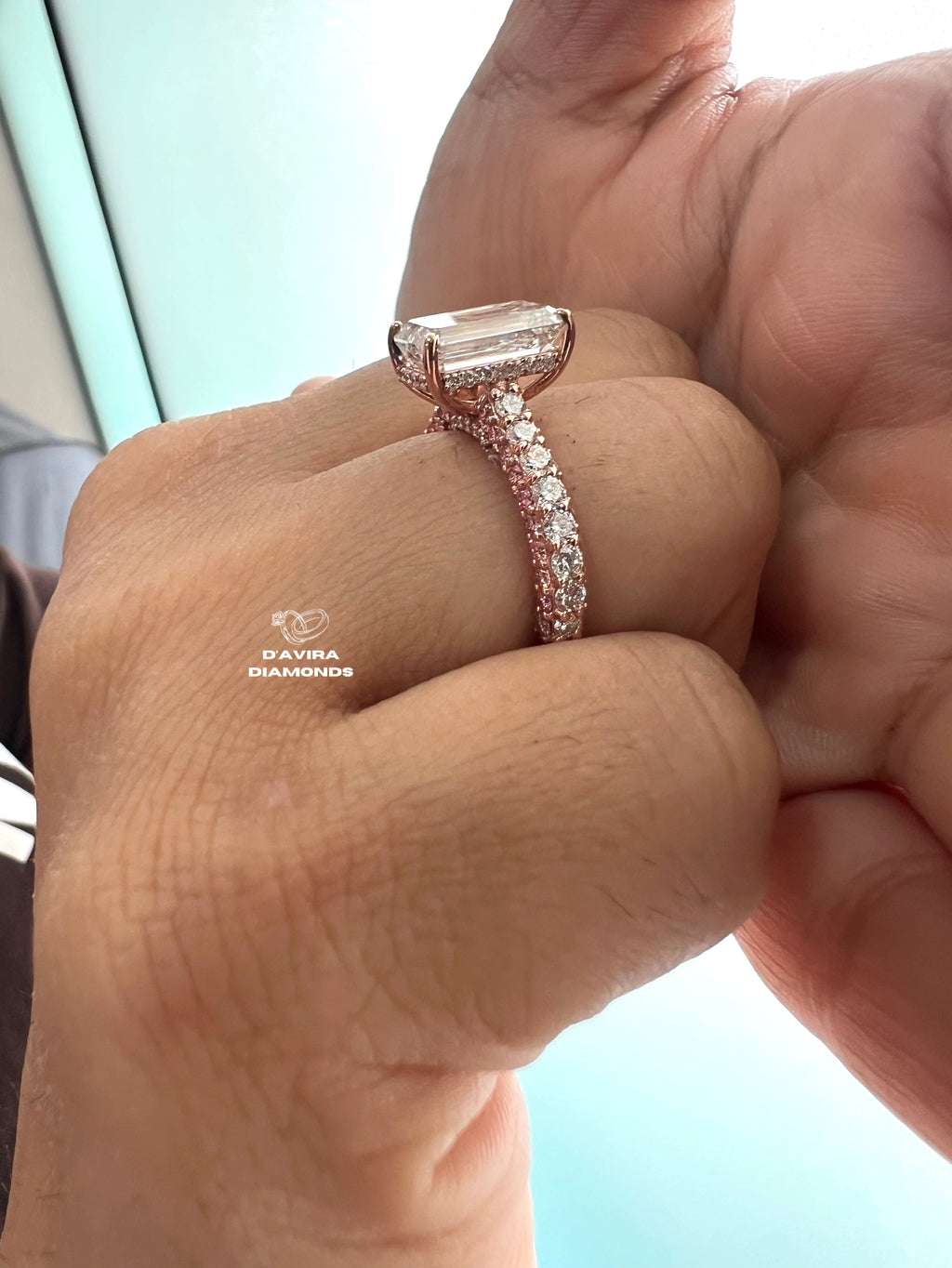 side view of the emerald cut prong set lab diamond ring