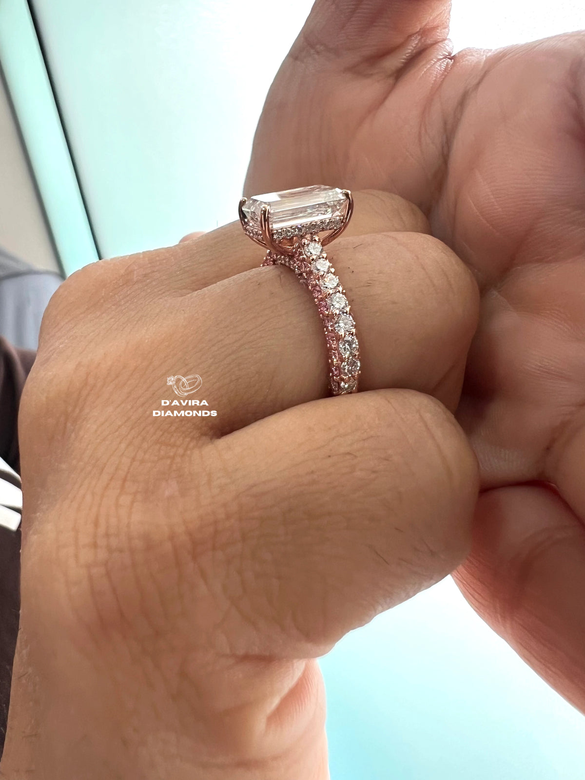 side view of the emerald cut prong set lab diamond ring
