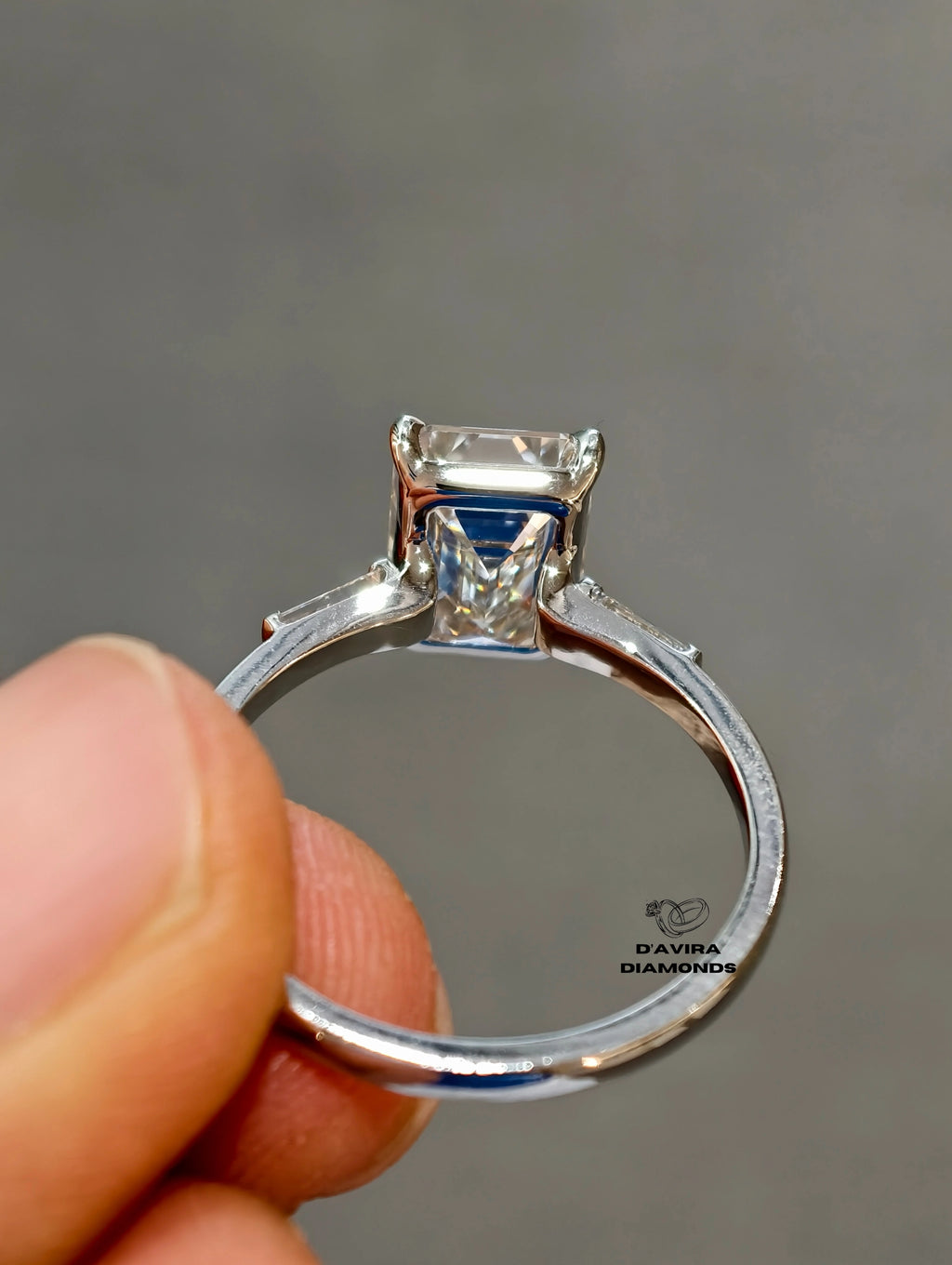 back view of the three-stone diamond ring with tapered baguettes in white gold