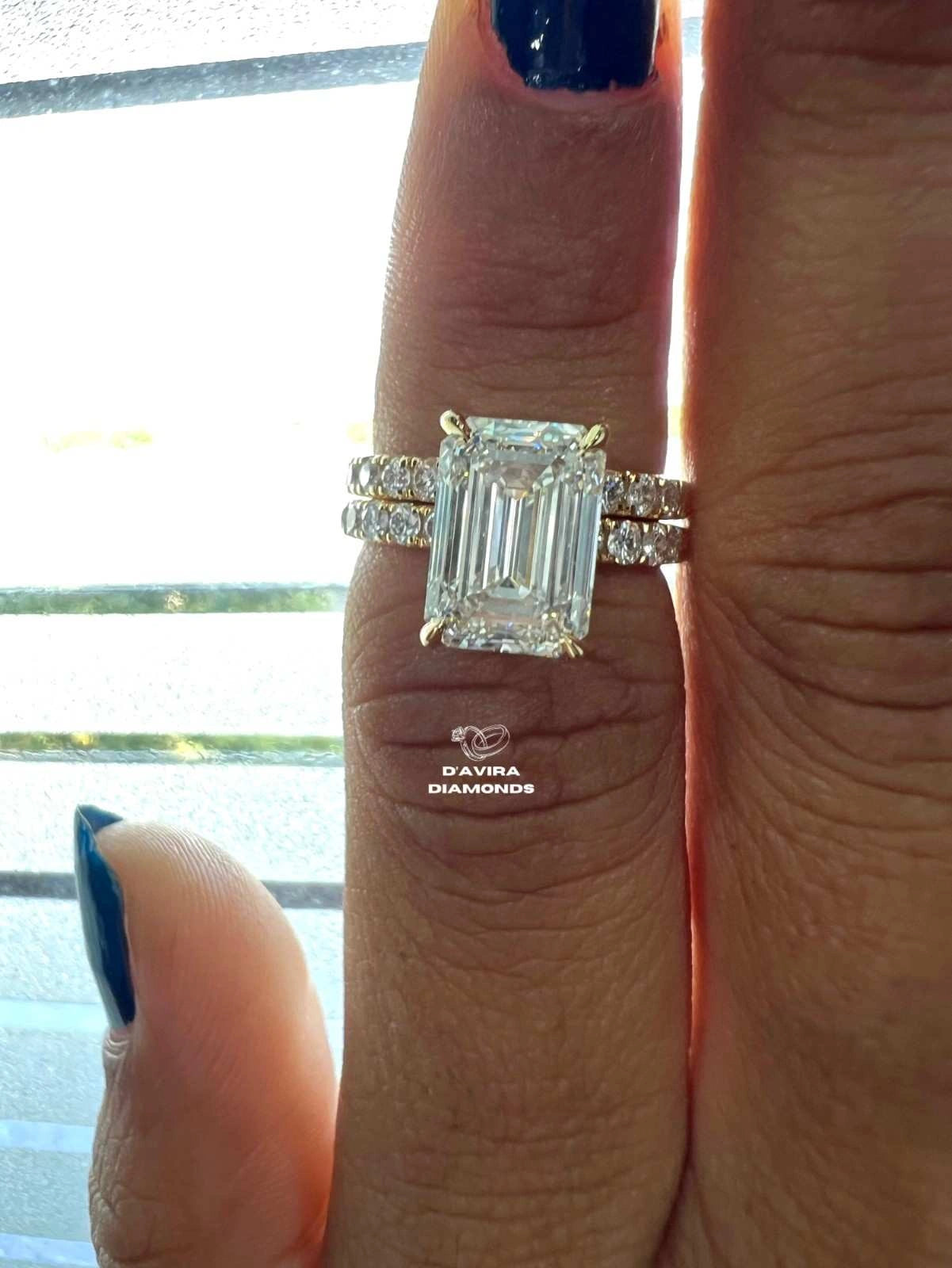 Emerald Cut Lab Diamond Solitaire Accent Wedding Ring Set