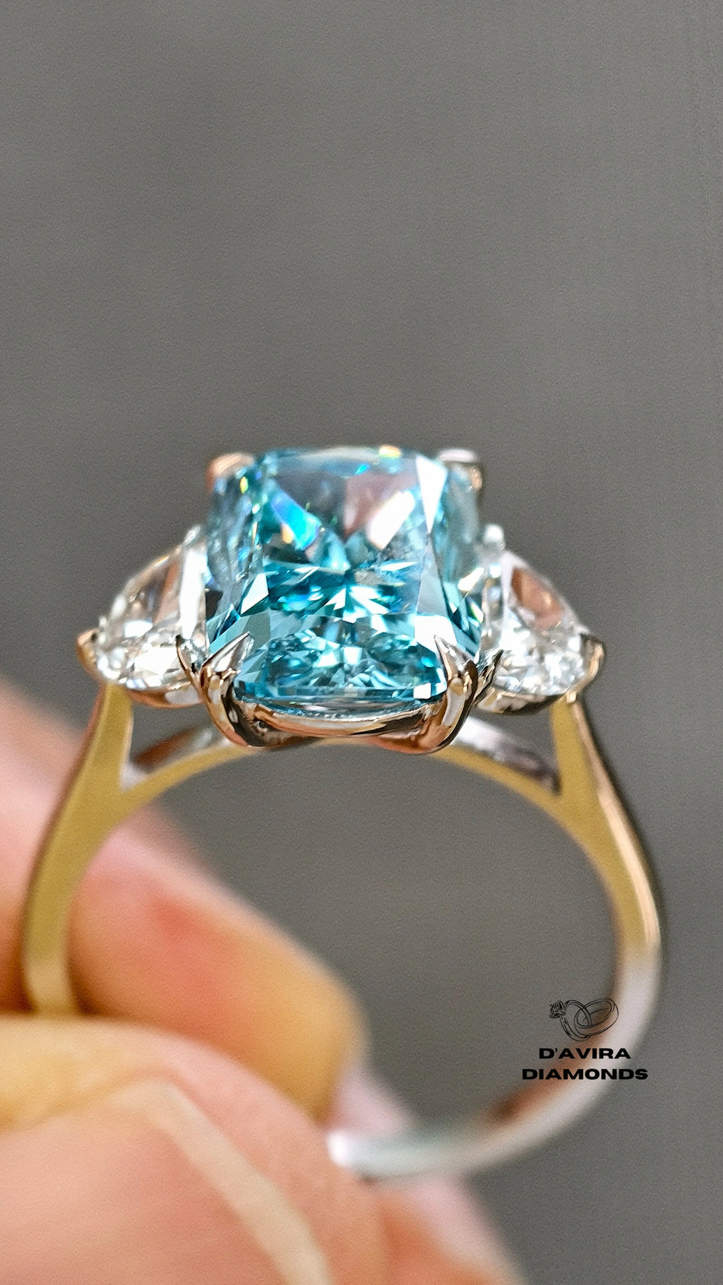 front view of the blue radiant cut lab diamond wedding ring