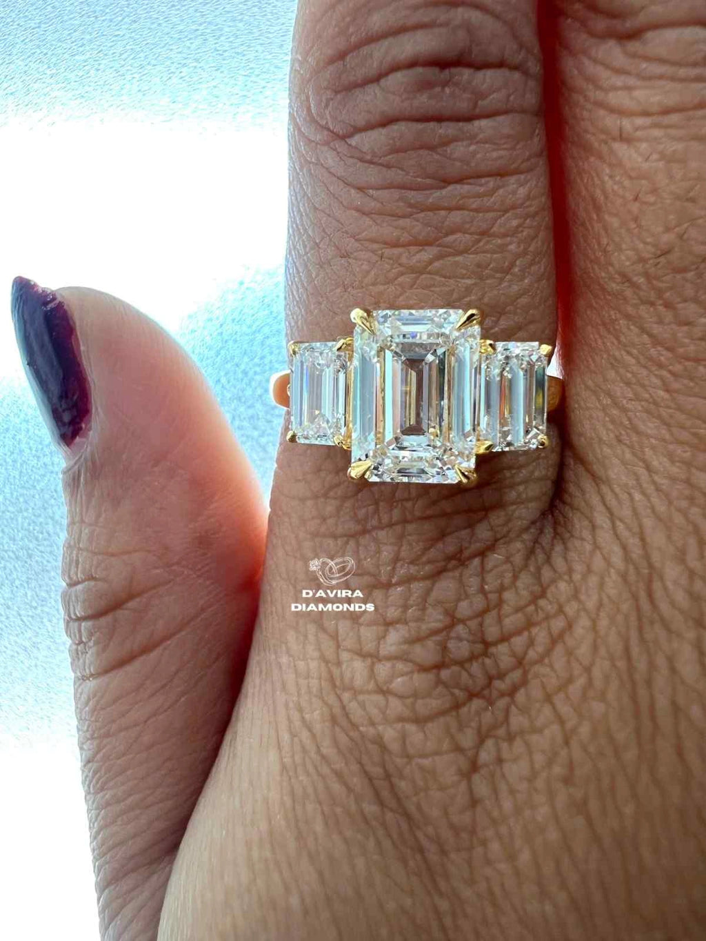 Three Stone Emerald Cut Lab Diamond Engagement Ring