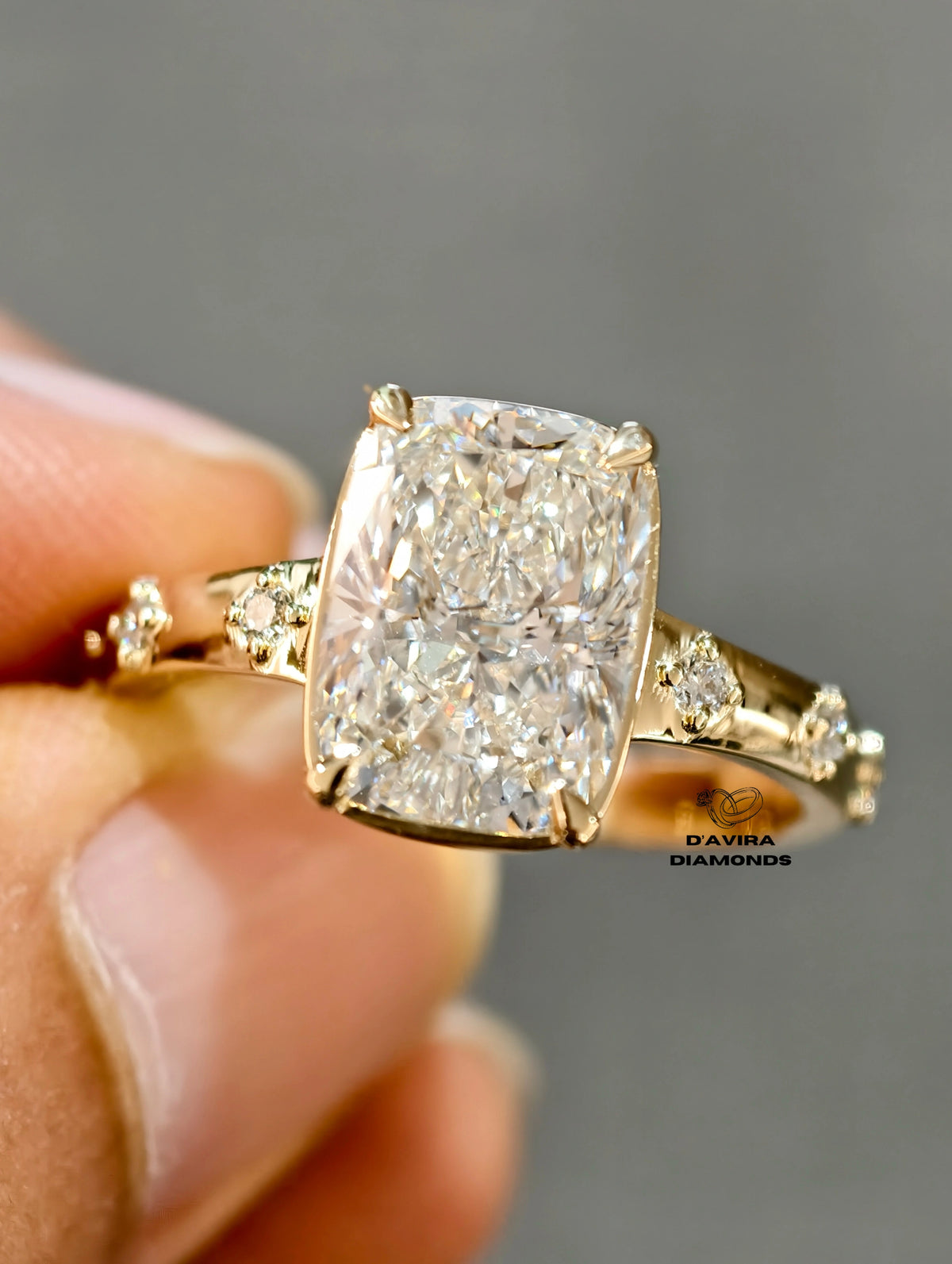 front view of the elongated Cushion Cut lab grown diamond ring 
