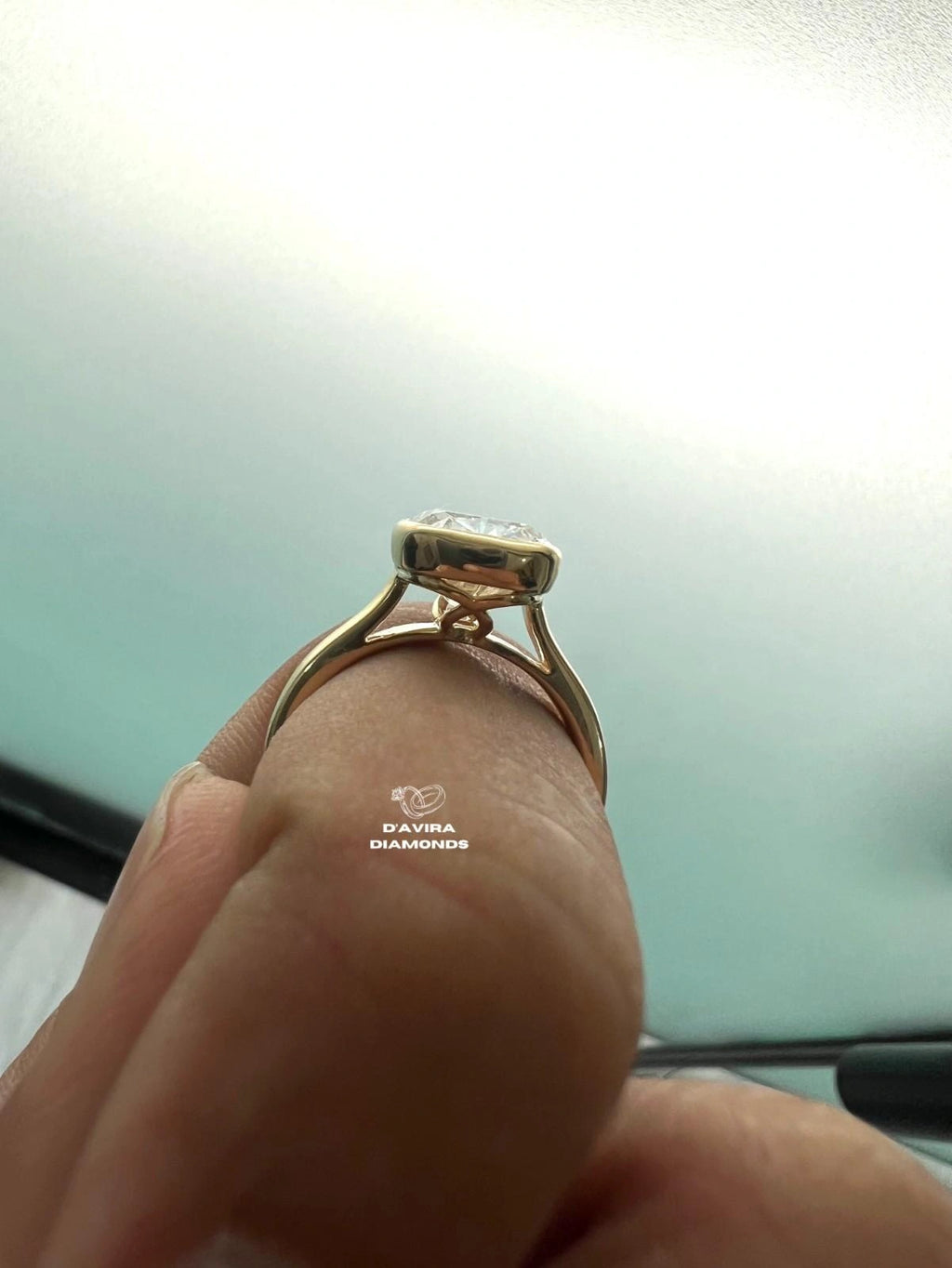 Elongated Cushion Cut Diamond Bezel Set Solitaire Ring