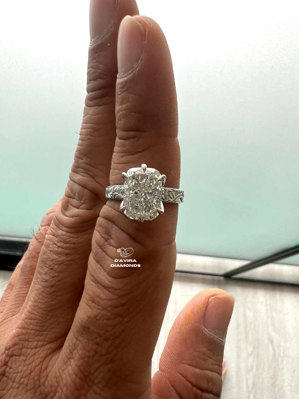 front view of the minimalist cushion cut lab grown diamond ring