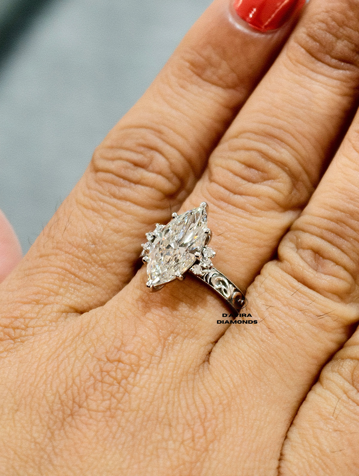 Marquise Cut Filigree Style Lab Diamond Ring